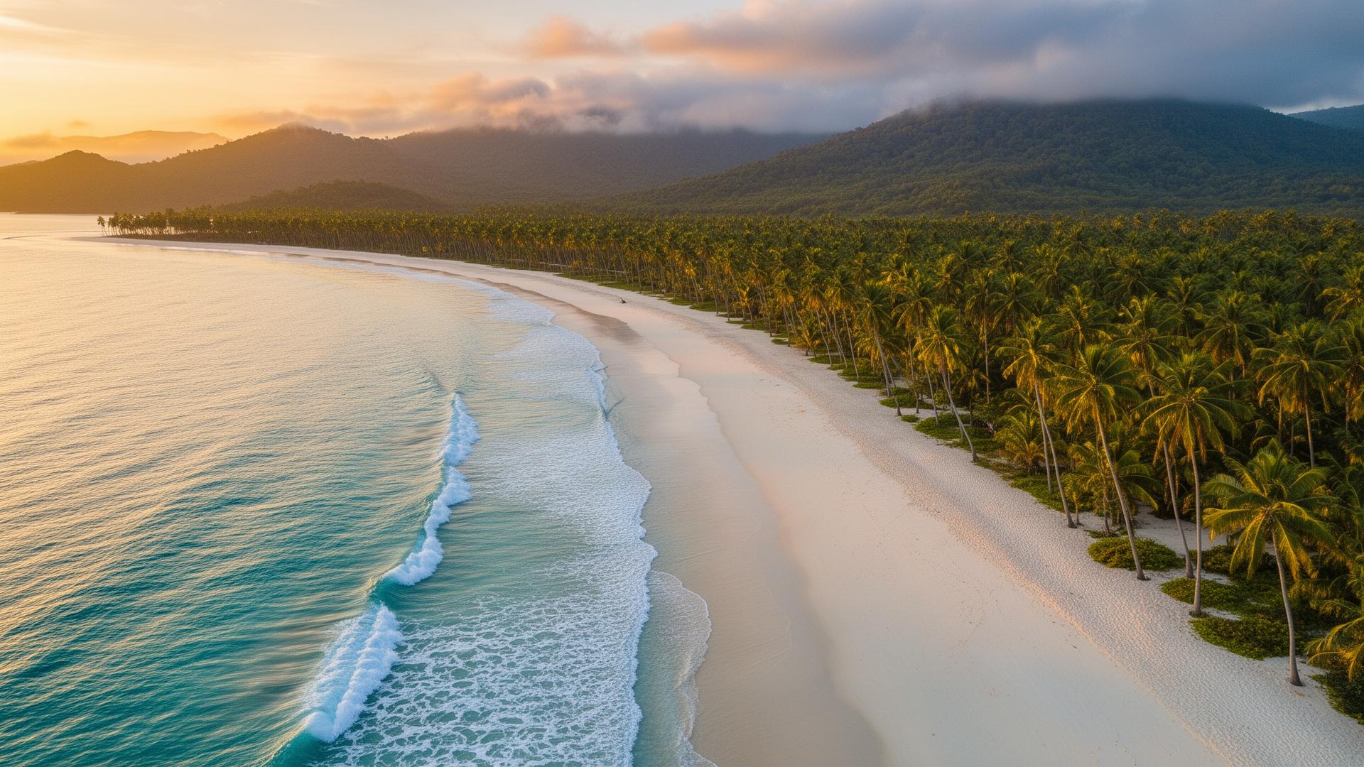 Aerial view of a Sri Lankan beach at golden hour