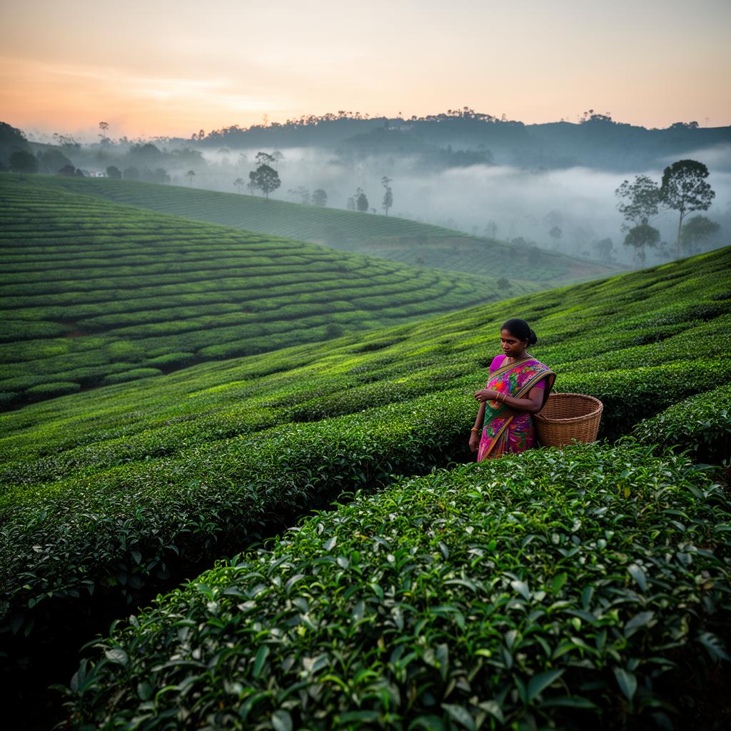 Lush green tea plantations in the Sri Lankan hill country